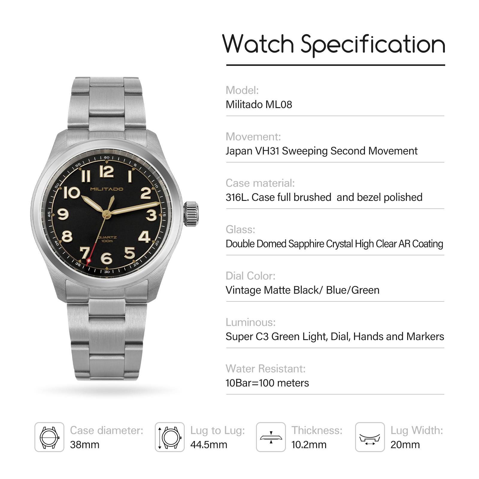 Reloj Militar Militado ML08, m - Vintage Watch Crystal reseña y precio